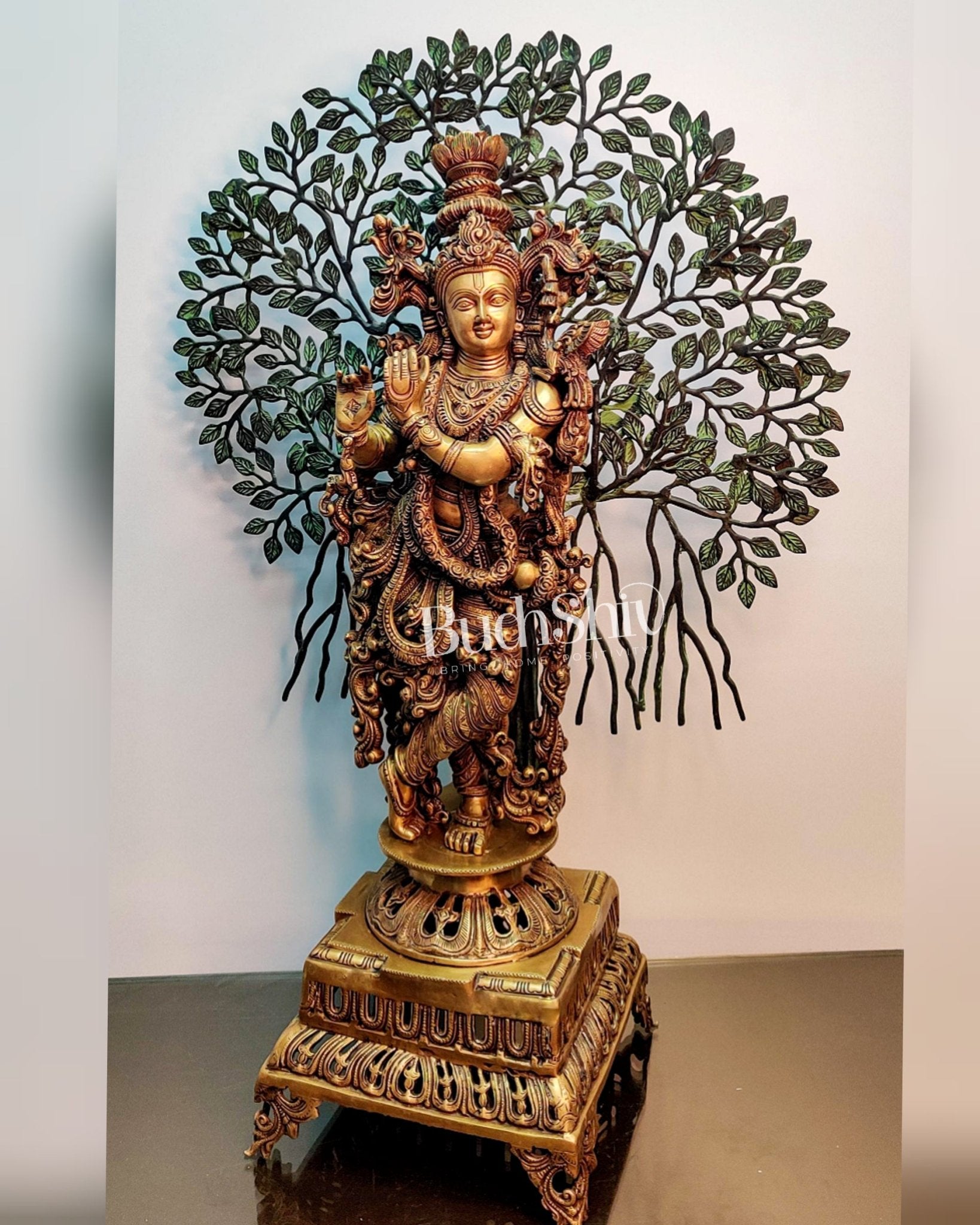 Krishna Muralidhari Superfine Brass Idol 36 inches With Kalpavriksha tree - Budhshiv.com