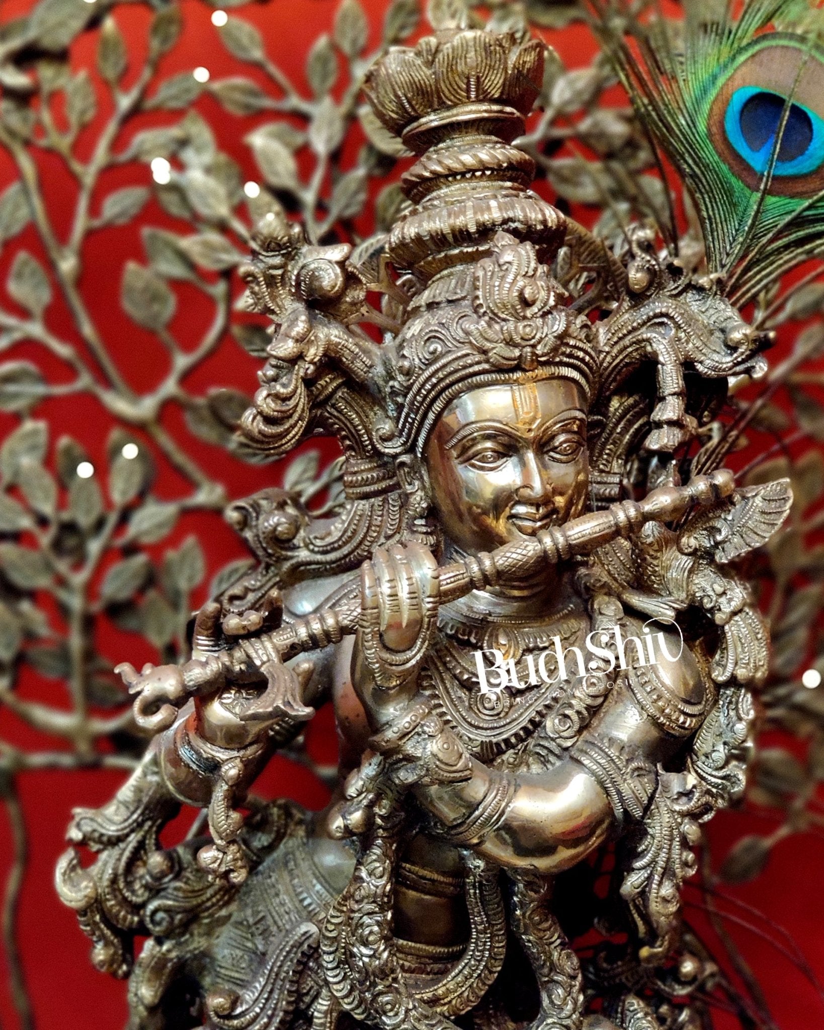 Krishna Muralidhari Superfine Brass Idol 36 inches With Kalpavriksha tree - Budhshiv.com