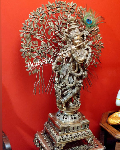 Krishna Muralidhari Superfine Brass Idol 36 inches With Kalpavriksha tree - Budhshiv.com