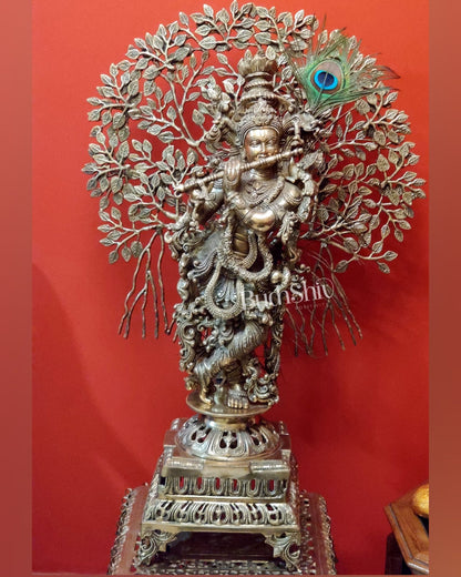 Krishna Muralidhari Superfine Brass Idol 36 inches With Kalpavriksha tree - Budhshiv.com