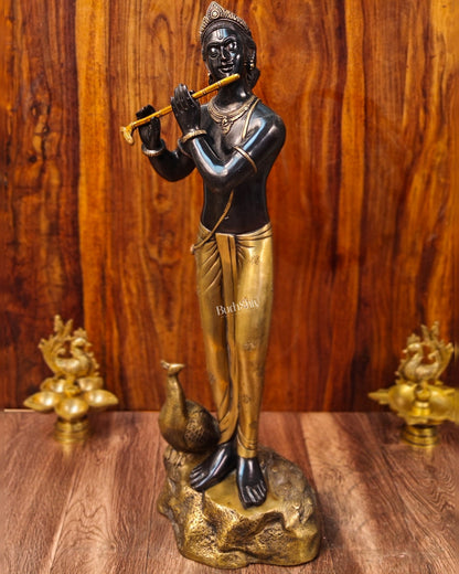 Krishna Murlidhar Brass Idol | Height 29 Inches | Black and Gold Finish - Budhshiv.com