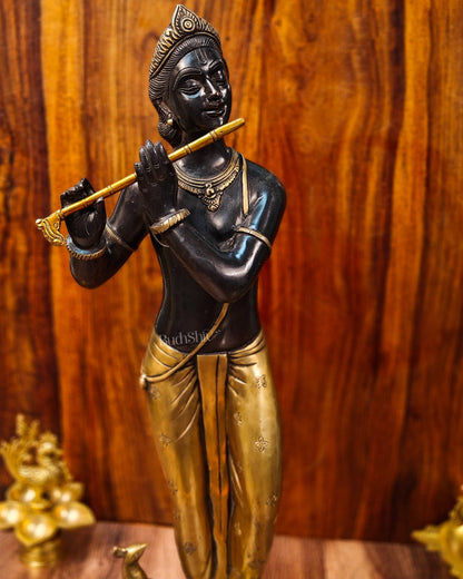 Krishna Murlidhar Brass Idol | Height 29 Inches | Black and Gold Finish - Budhshiv.com