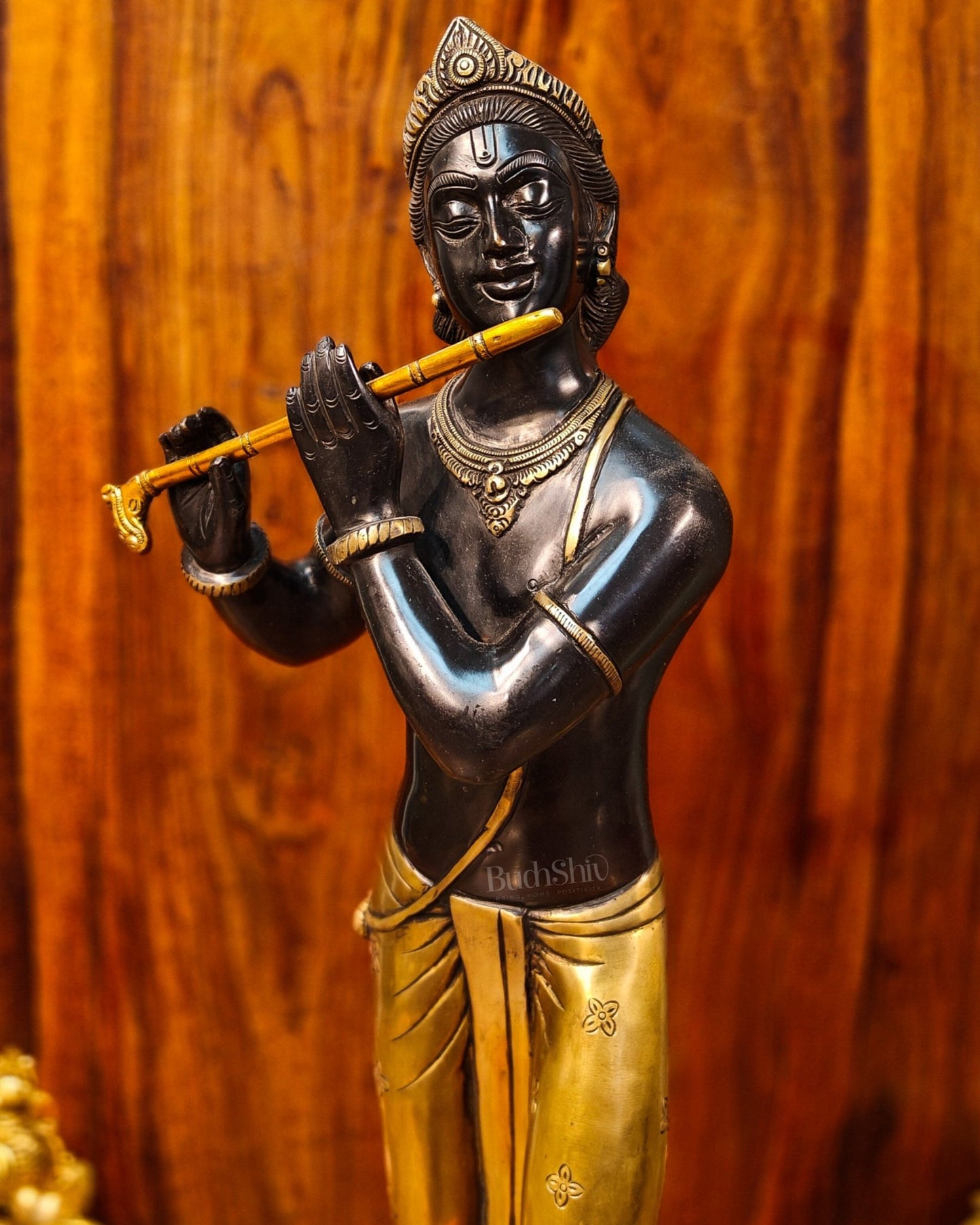 Krishna Murlidhar Brass Idol | Height 29 Inches | Black and Gold Finish - Budhshiv.com