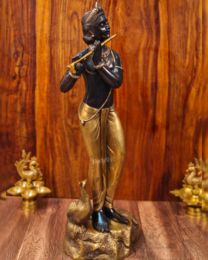 Krishna Murlidhar Brass Idol | Height 29 Inches | Black and Gold Finish - Budhshiv.com