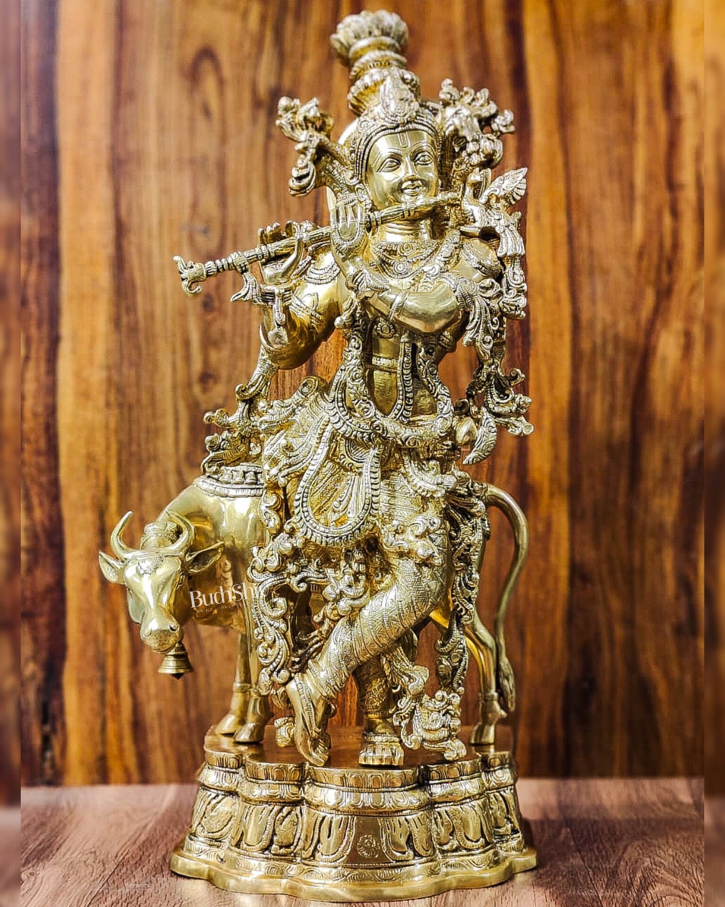 Krishna Playing the Flute with Cow 26" - Budhshiv.com