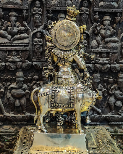 Krishna Playing the Flute with Cow 26" - Budhshiv.com