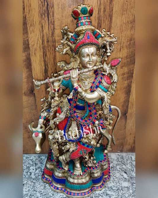 Krishna Playing the Flute with Cow 27 inches Brass idol - Budhshiv.com