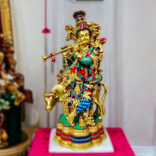 Krishna Playing the Flute with Cow 27 inches Brass idol - Budhshiv.com