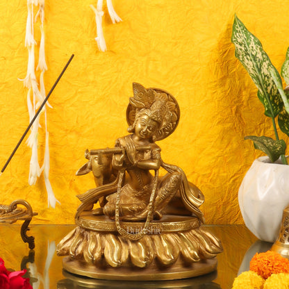 Krishna seated with a cow brass idol 8.5 inch - Budhshiv.com