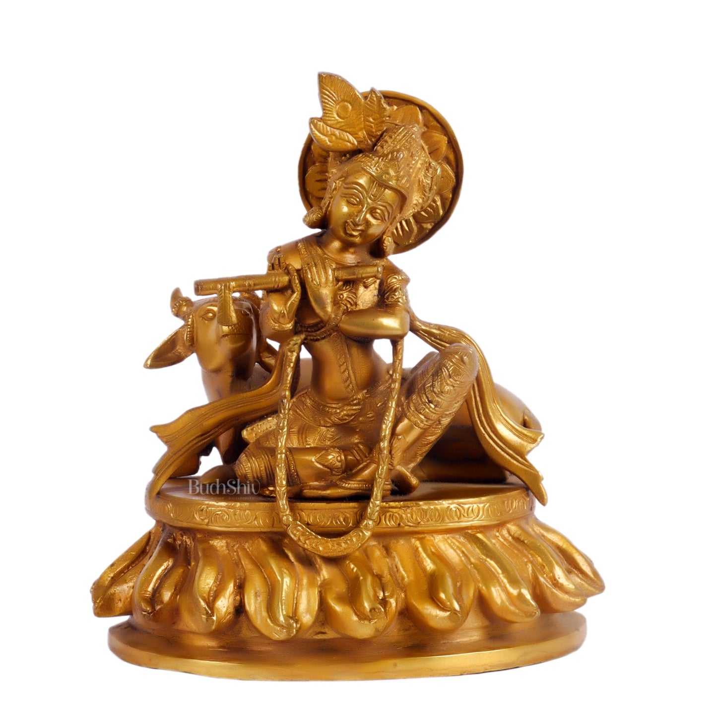 Krishna seated with a cow brass idol 8.5 inch - Budhshiv.com