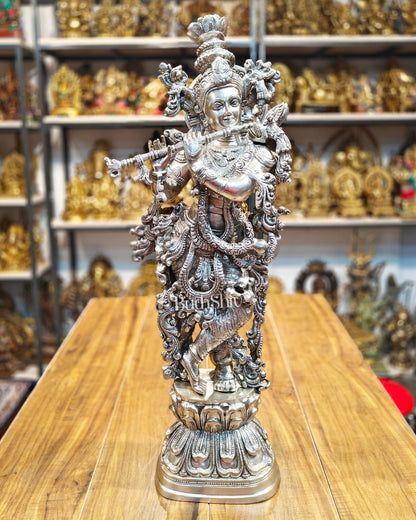 Krishna Statue - Superfine Brass - Silver plating 29 inch - Budhshiv.com