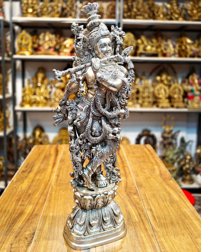 Krishna Statue - Superfine Brass - Silver plating 29 inch - Budhshiv.com