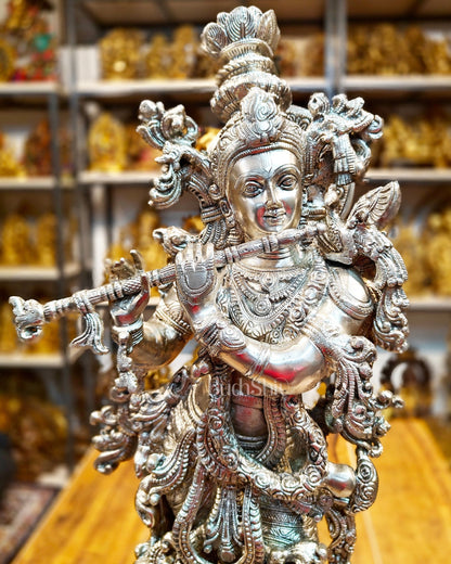 Krishna Statue - Superfine Brass - Silver plating 29 inch - Budhshiv.com