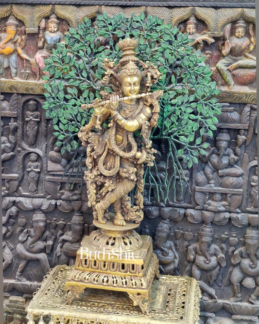 Krishna Superfine Brass Idol 36 inches With Kalpavriksha tree - Budhshiv.com