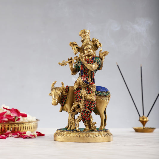 Krishna with cow 10 inch Brass Idol with stonework - Budhshiv.com