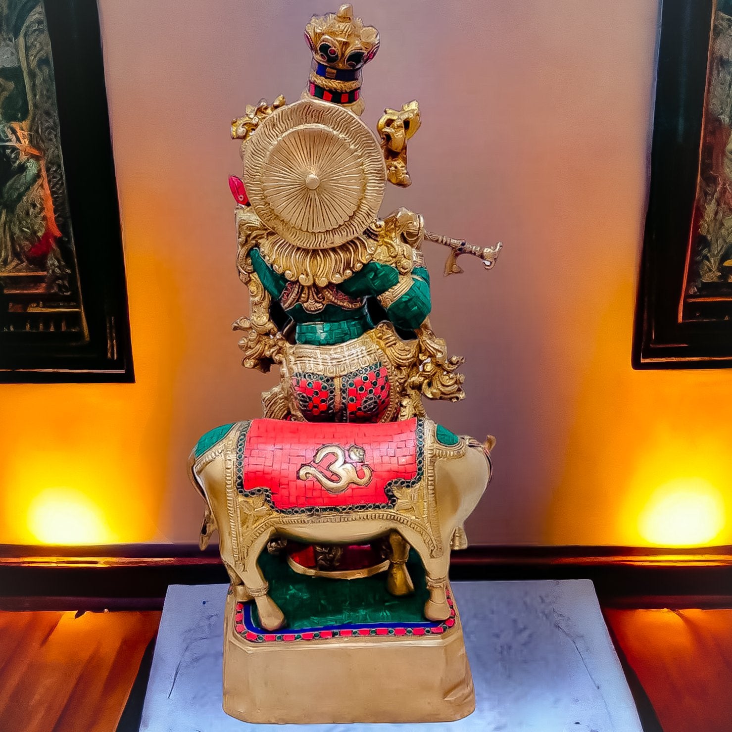 Krishna With Cow 28 inches brass idol with stonework - Budhshiv.com