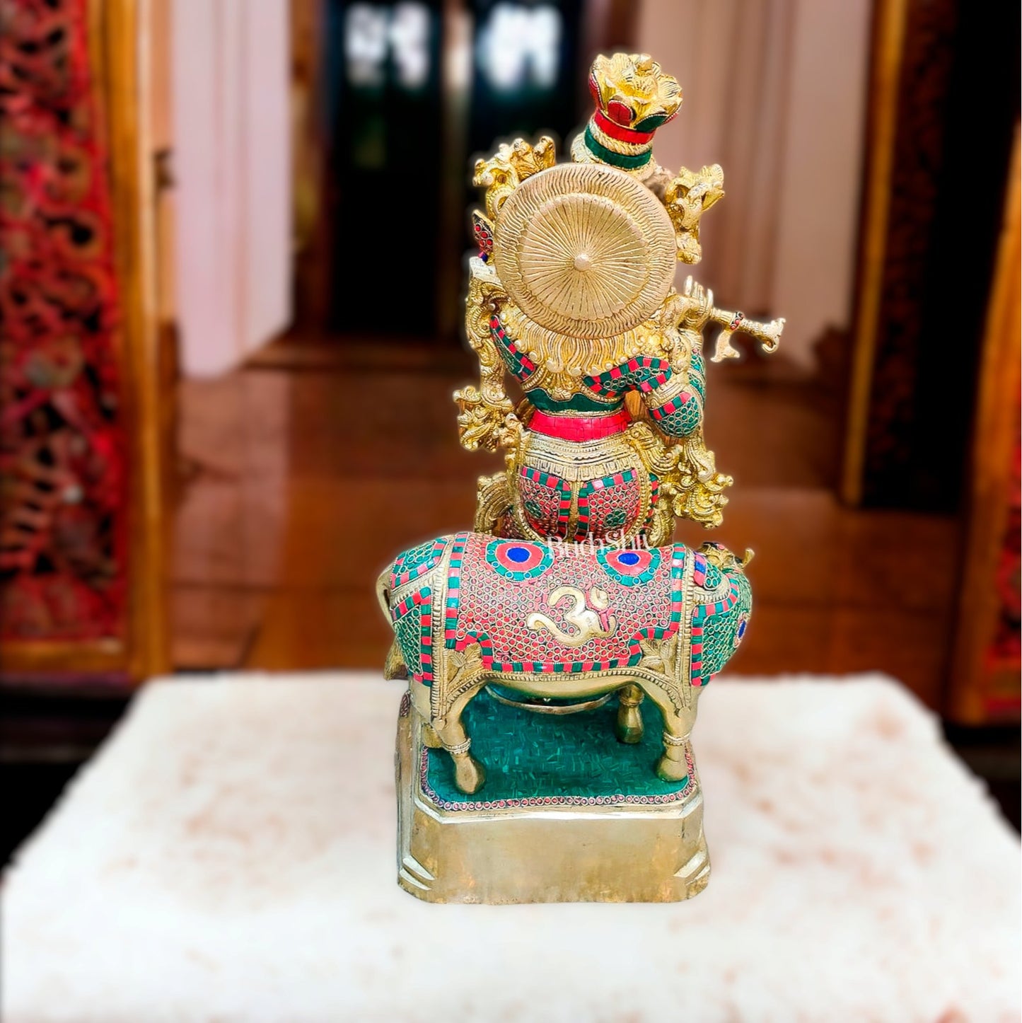 Krishna With Cow 28 inches brass idol with stonework - Budhshiv.com