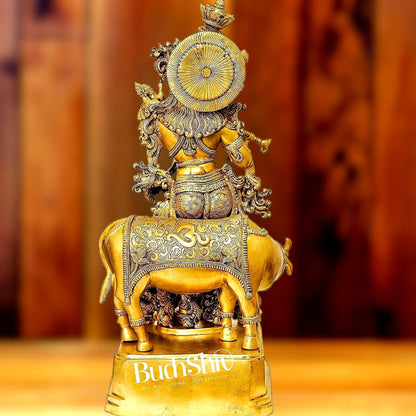 Krishna With Cow 28 inches brass idol - Budhshiv.com