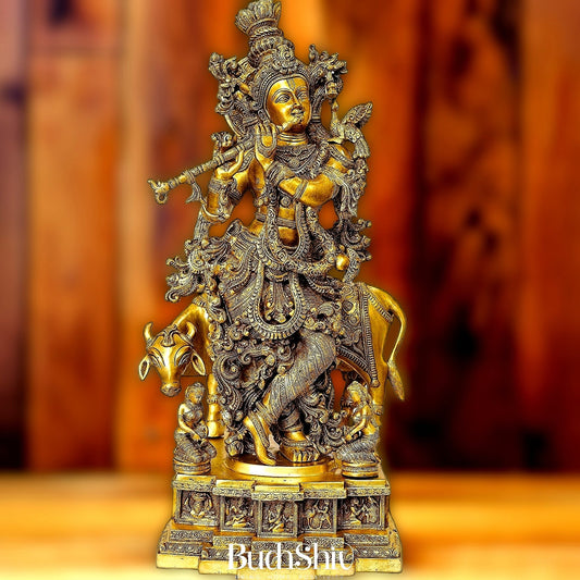 Krishna With Cow 28 inches brass idol - Budhshiv.com