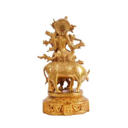 Krishna with cow and Peacock Brass Statue 12 inch - Budhshiv.com