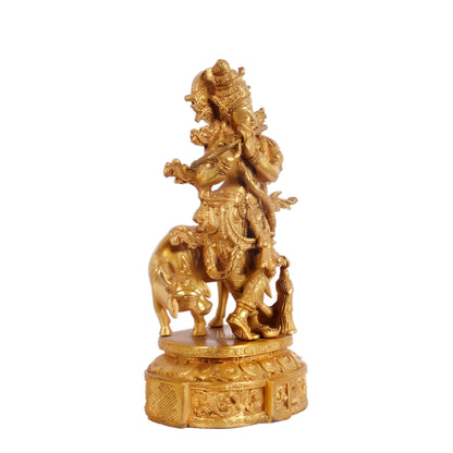 Krishna with cow and Peacock Brass Statue 12 inch - Budhshiv.com