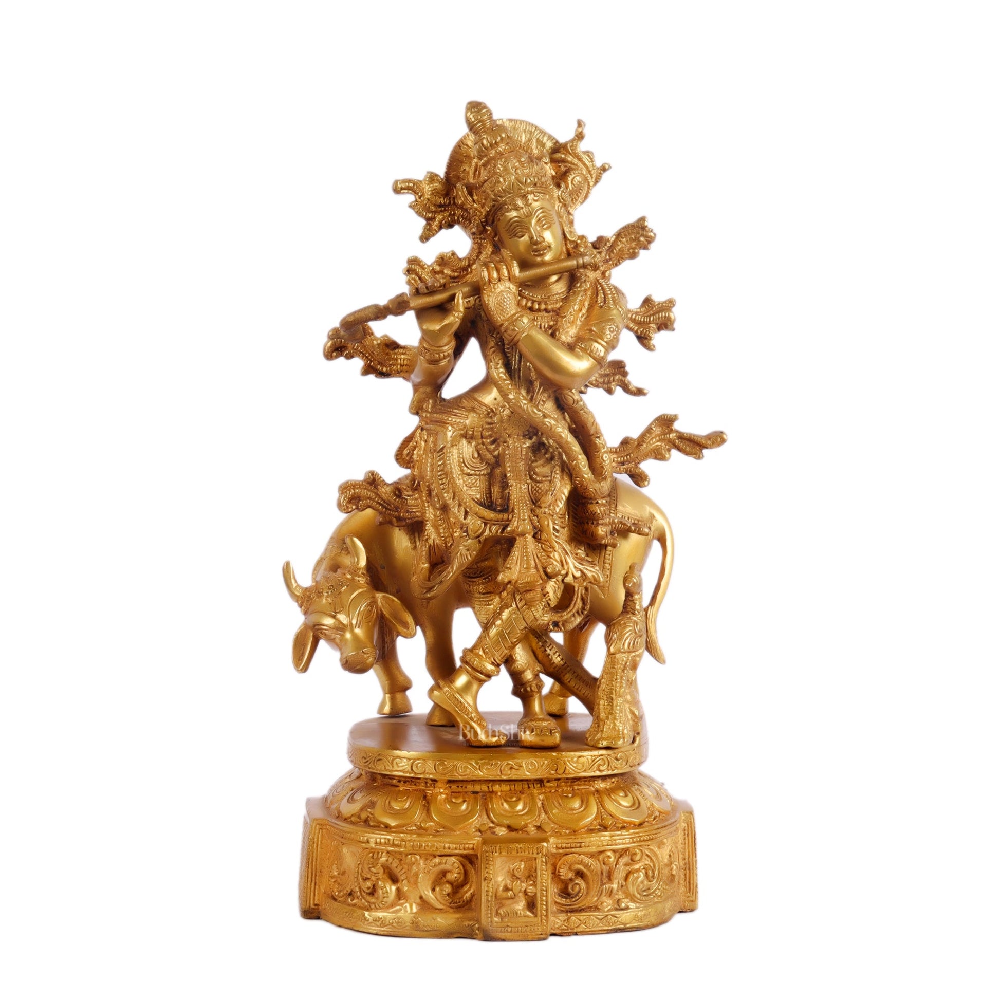 Krishna with cow and Peacock Brass Statue 12 inch - Budhshiv.com