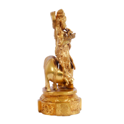 Krishna with cow and Peacock Brass Statue 12 inch - Budhshiv.com