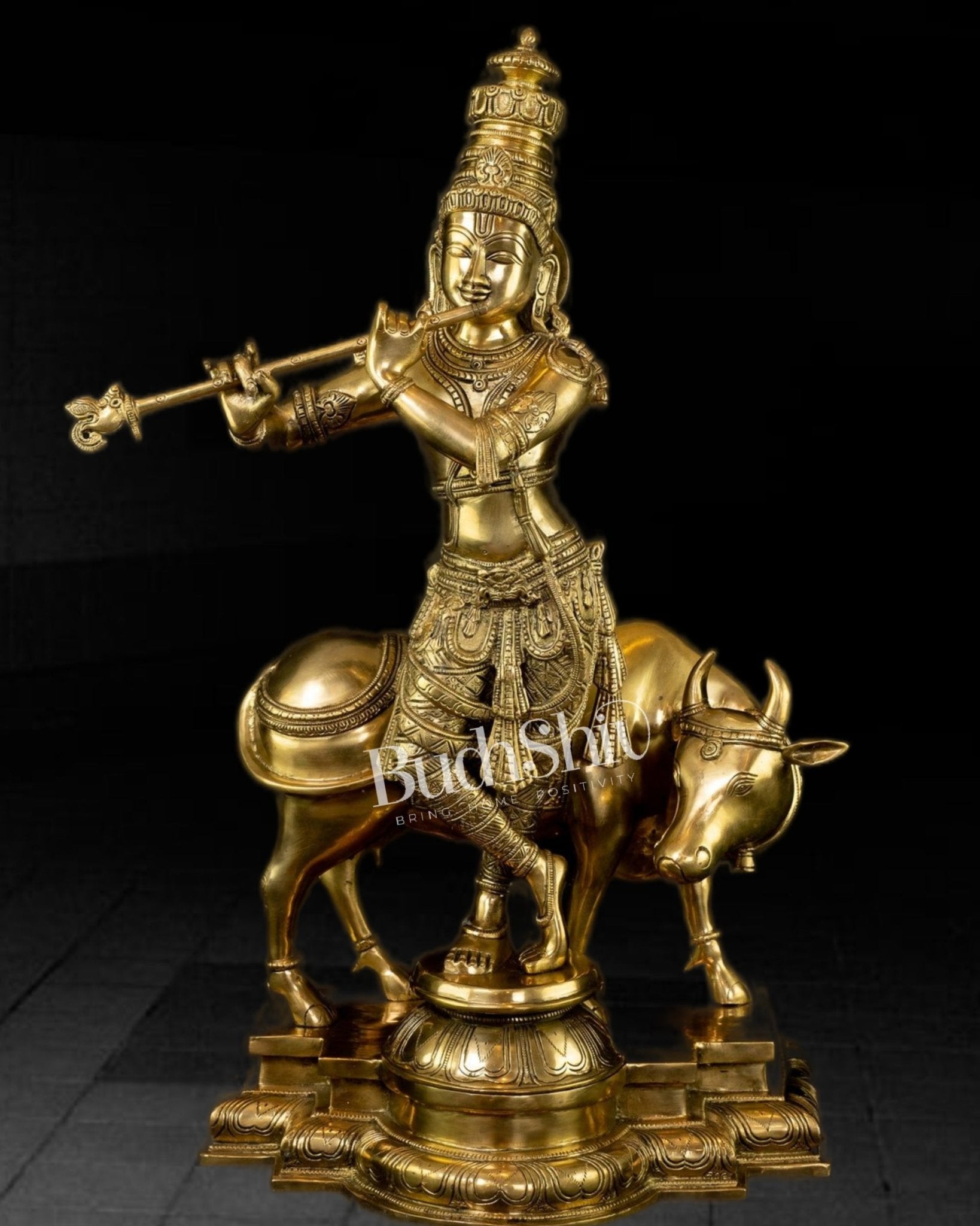 Krishna with cow Brass idol 25 inch - Budhshiv.com