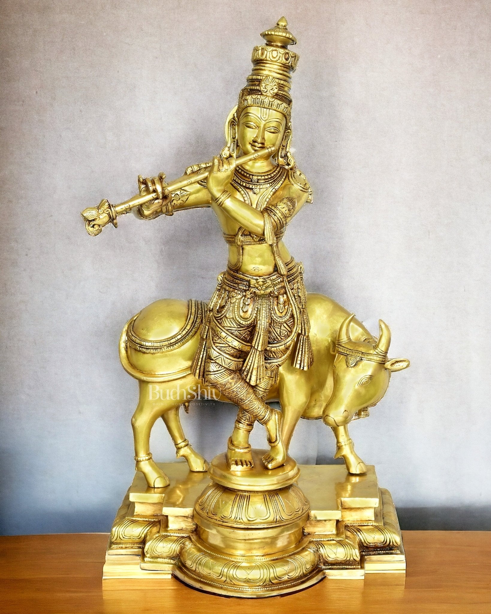 Krishna with cow Brass idol 26 inch - Budhshiv.com