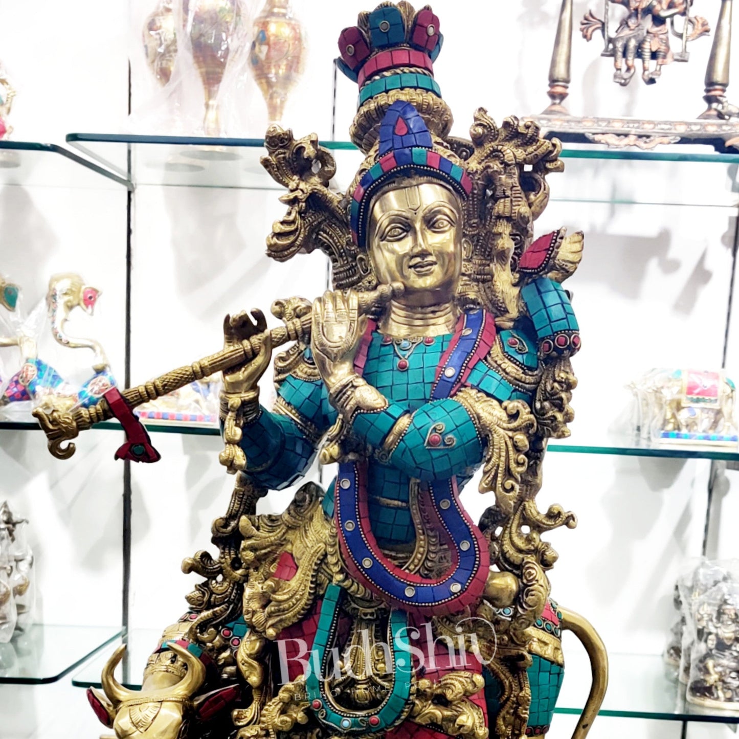 Krishna with Cow Brass Idol 27 inch - Budhshiv.com