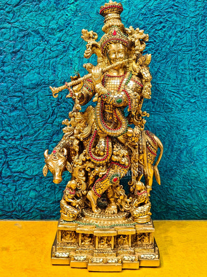 Krishna with cow Brass Idol with Brass Chipwork and Stonework 29 inch - Budhshiv.com