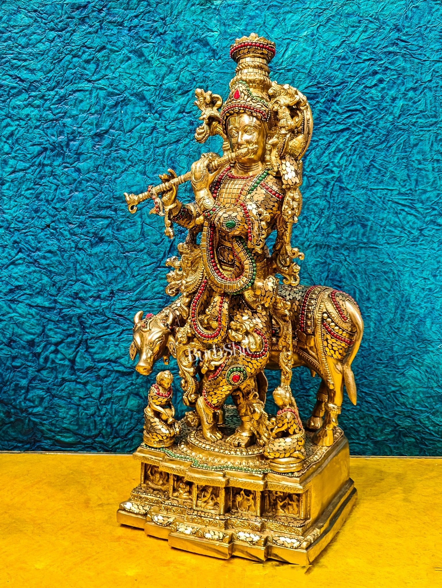 Krishna with cow Brass Idol with Brass Chipwork and Stonework 29 inch - Budhshiv.com