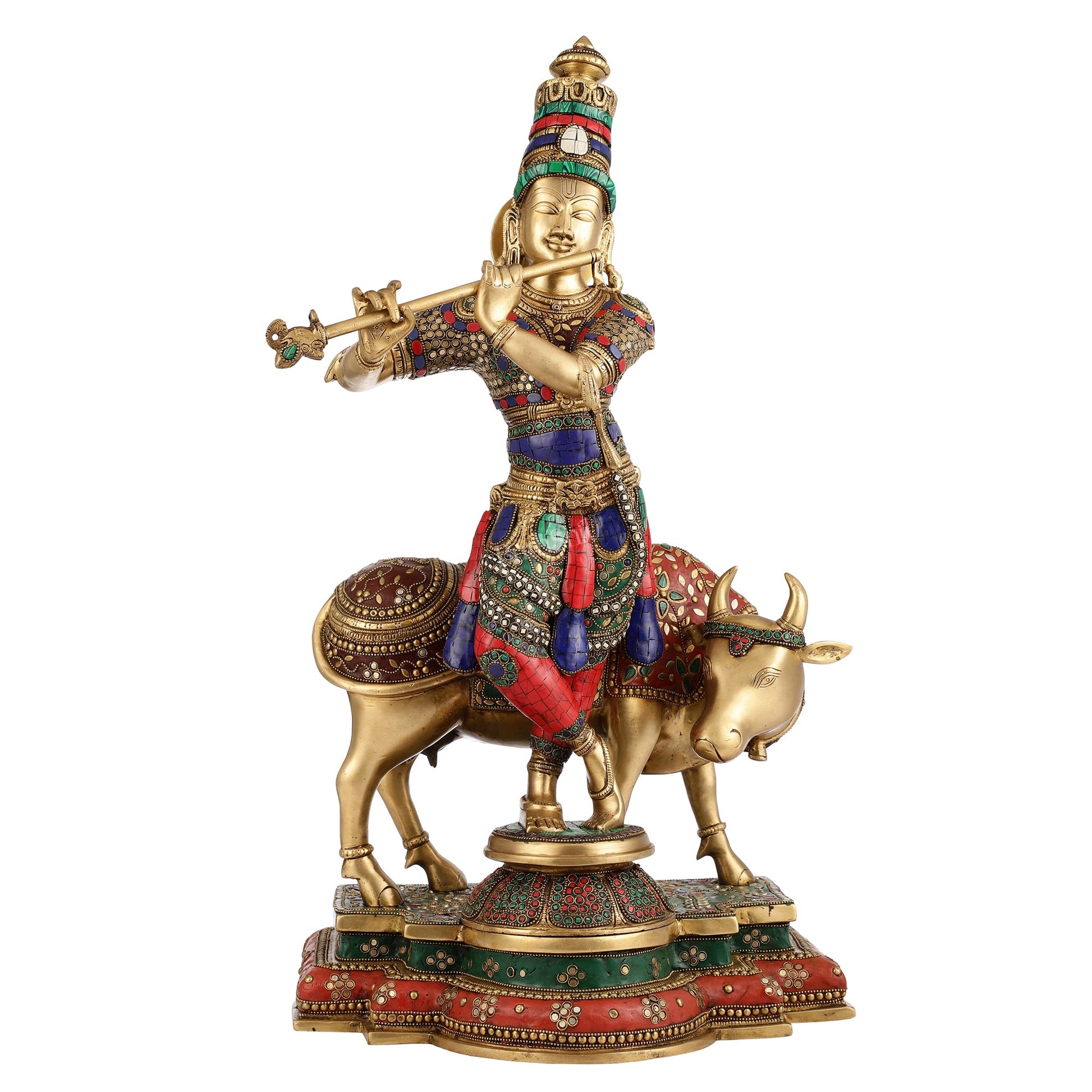 Krishna With Cow Superfine Brass Idol With Stonework 26 inch - Budhshiv.com