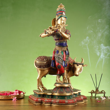 Krishna With Cow Superfine Brass Idol With Stonework 26 inch - Budhshiv.com