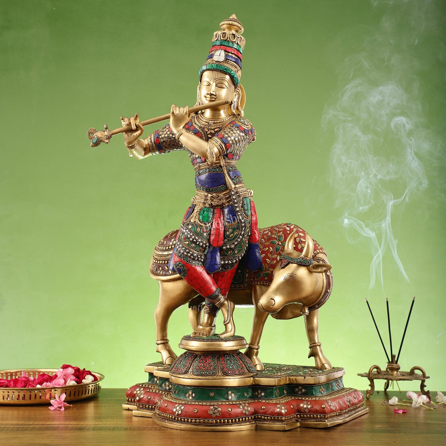 Krishna With Cow Superfine Brass Idol With Stonework 26 inch - Budhshiv.com