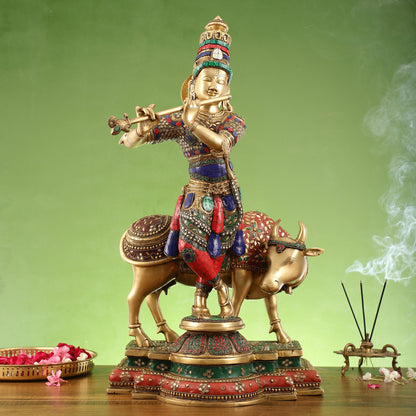 Krishna With Cow Superfine Brass Idol With Stonework 26 inch - Budhshiv.com