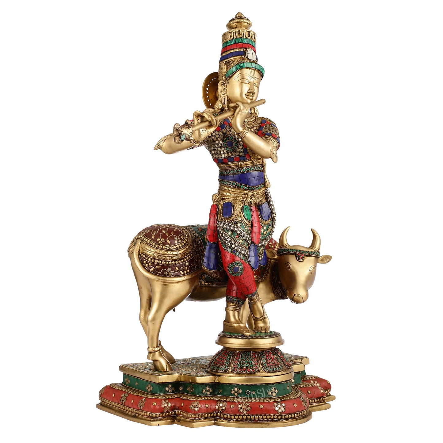 Krishna With Cow Superfine Brass Idol With Stonework 26 inch - Budhshiv.com