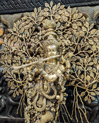 Krishna with Kalpavriksha Tree Superfine Brass Idol 35 inch 3 feet - Budhshiv.com