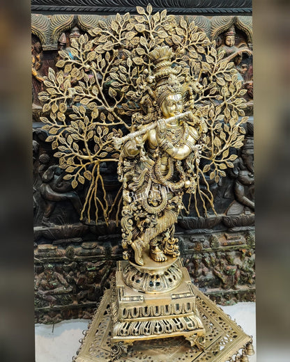 Krishna with Kalpavriksha Tree Superfine Brass Idol 35 inch 3 feet - Budhshiv.com