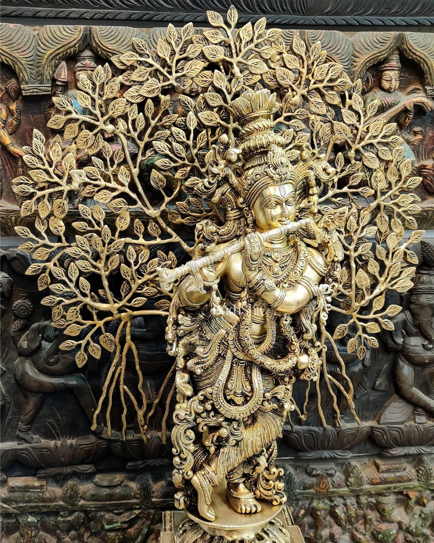 Krishna with Kalpavriksha Tree Superfine Brass Idol 35 inch 3 feet - Budhshiv.com