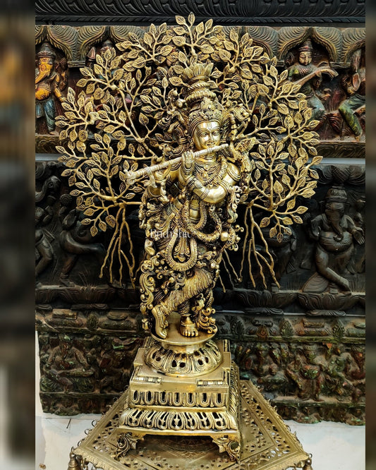 Krishna with Kalpavriksha Tree Superfine Brass Idol 35 inch 3 feet - Budhshiv.com
