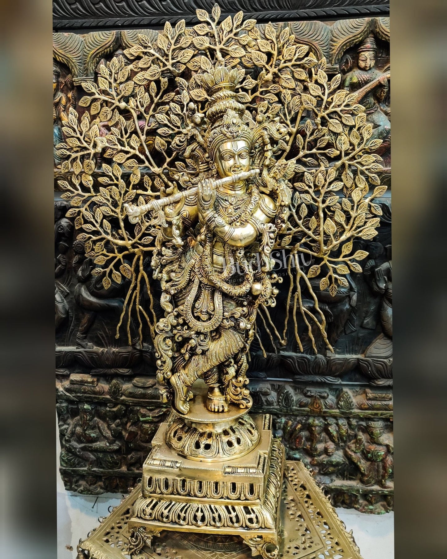 Krishna with Kalpavriksha Tree Superfine Brass Idol 35 inch 3 feet - Budhshiv.com