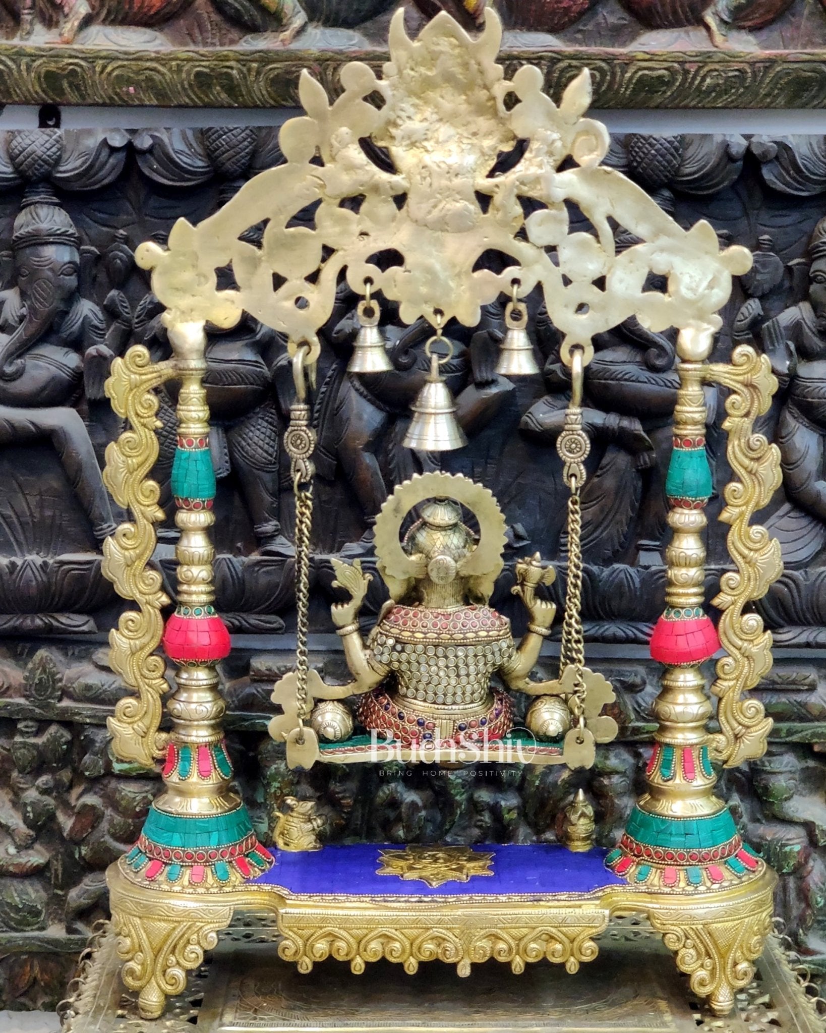 Kritimukha Brass Ganesha on swing with inlay stonework - Budhshiv.com