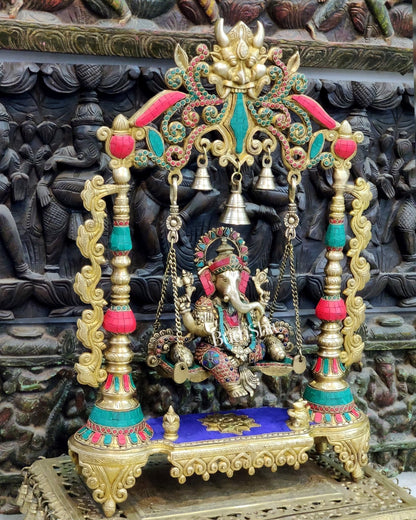 Kritimukha Brass Ganesha on swing with inlay stonework - Budhshiv.com