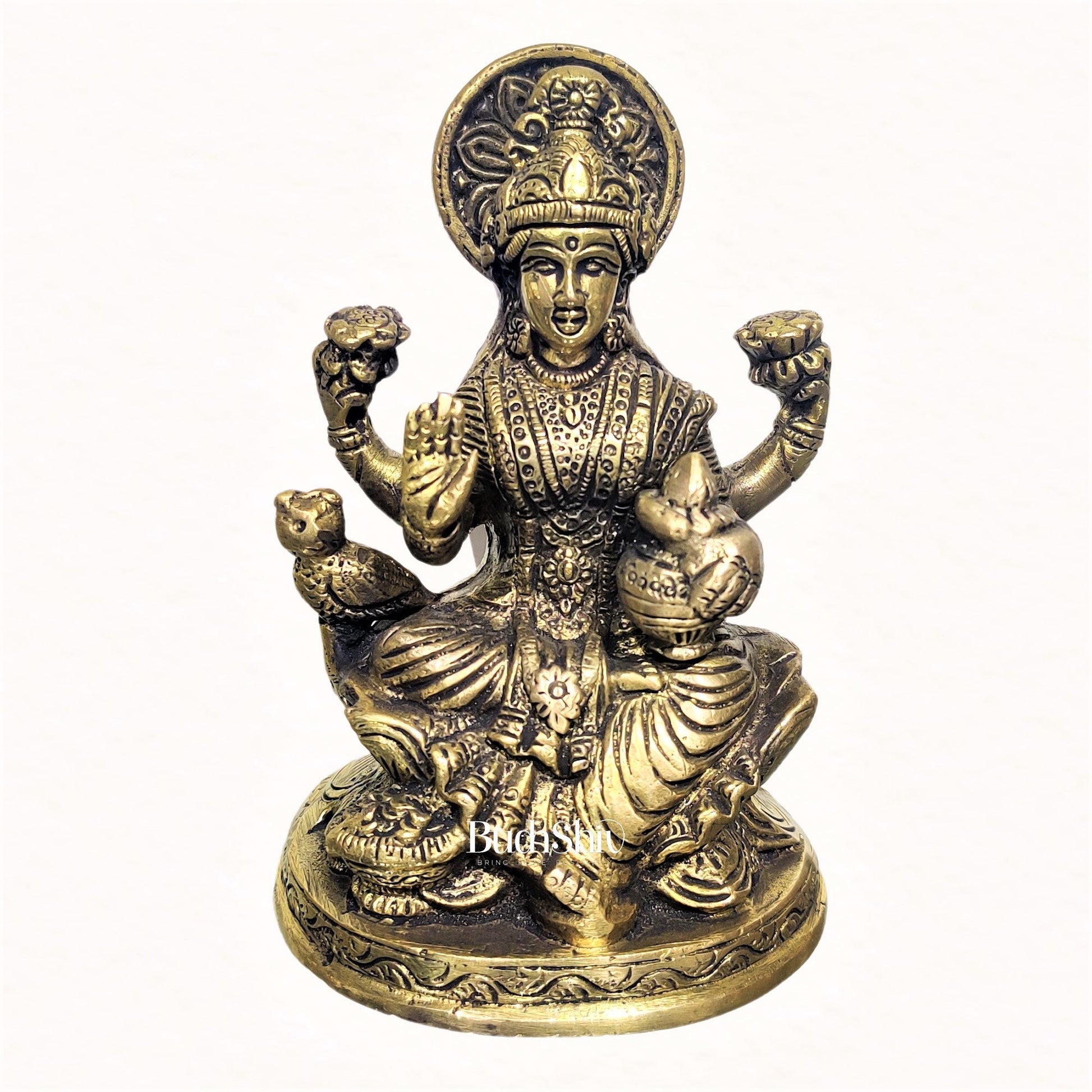 Lakshmi brass idol with charcoal finish | suitable for office desk/study table/ temple - Budhshiv.com