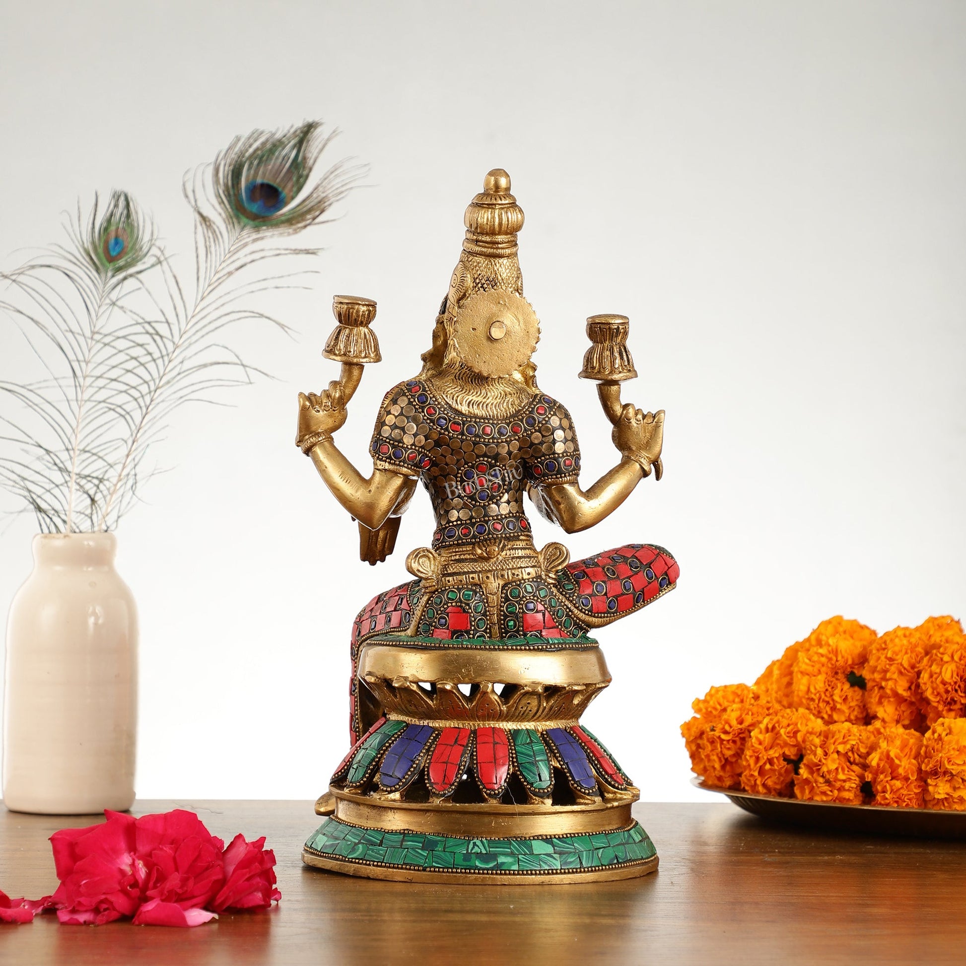 Lakshmi Brass Statue 12 inch with stonework - Budhshiv.com