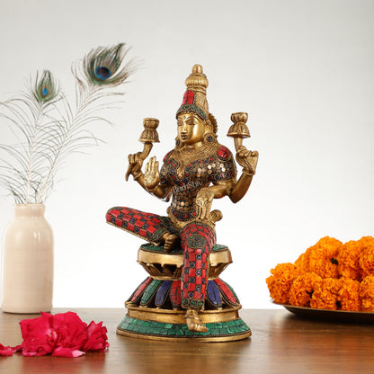 Lakshmi Brass Statue 12 inch with stonework - Budhshiv.com