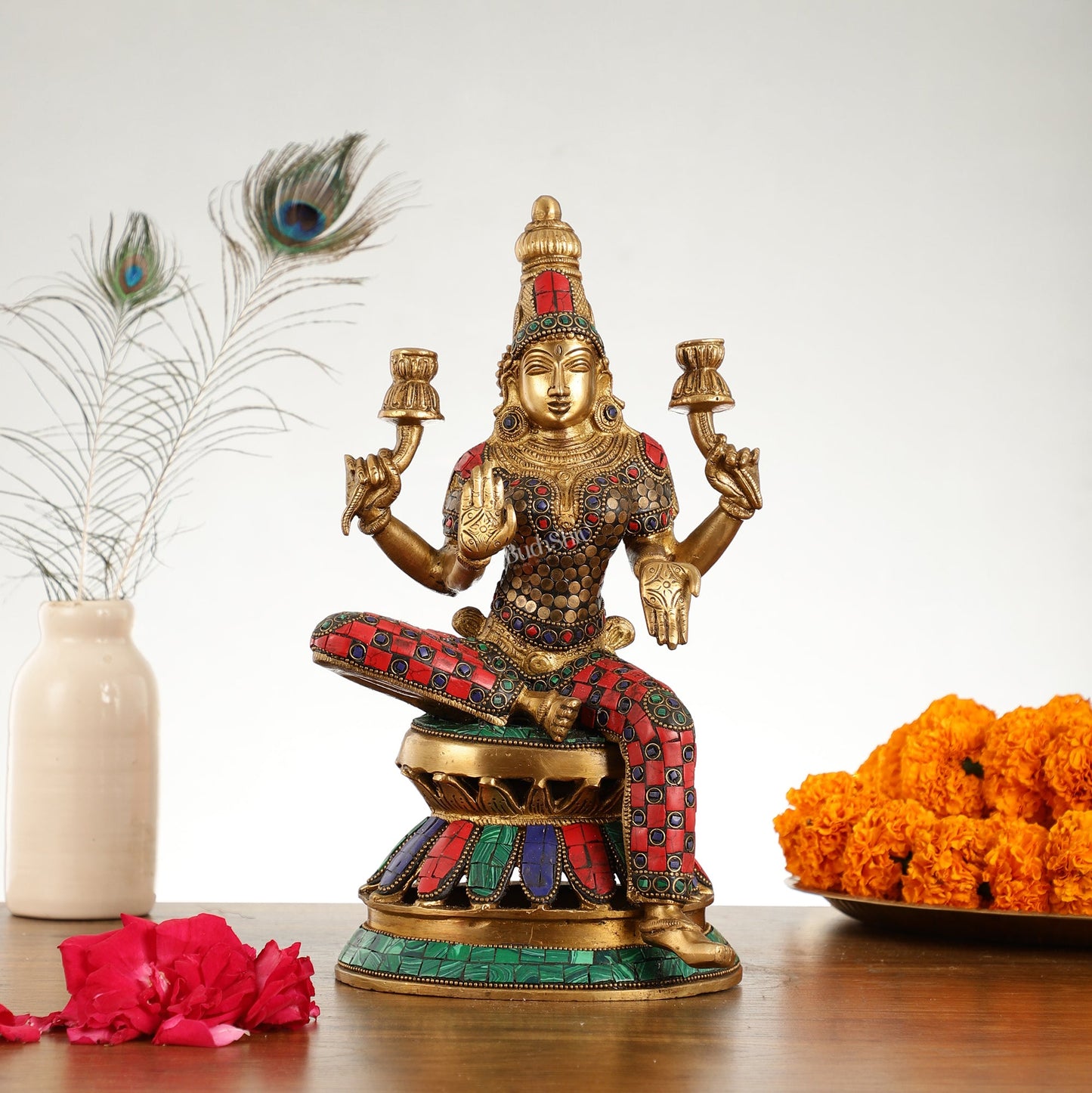 Lakshmi Brass Statue 12 inch with stonework - Budhshiv.com