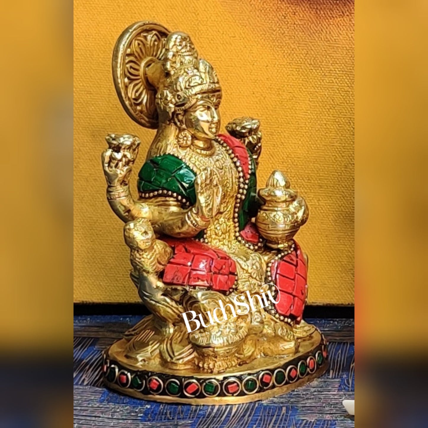 Lakshmi enchanting brass idol with stonework | suitable for office desk/study table/ temple - Budhshiv.com