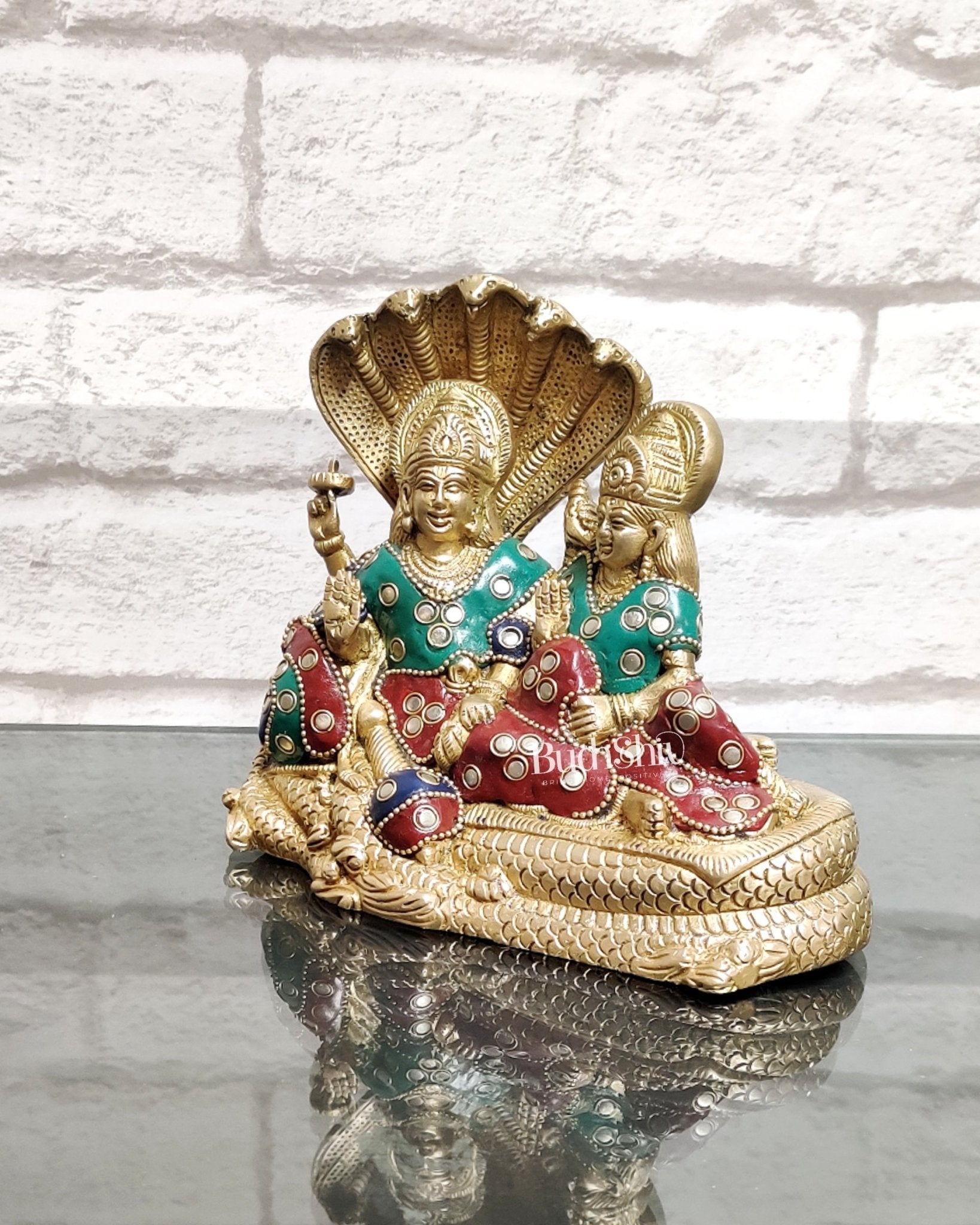Lakshmi Narayan/ Vishnu Lakshmi brass idol resting on Sheshnaag Golden finish - Budhshiv.com